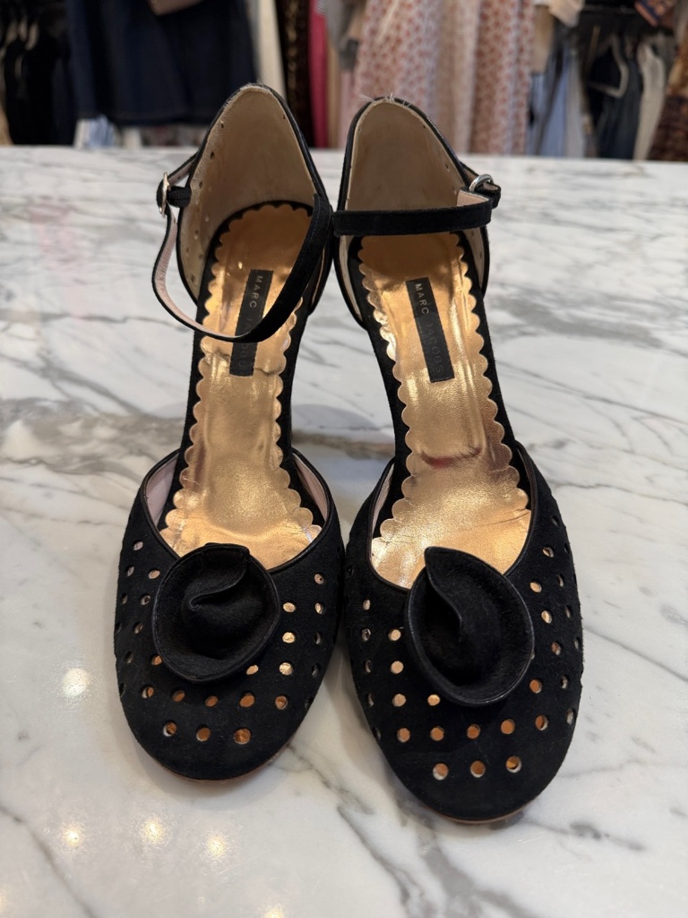 Marc Jacobs Black Suede Perforated Peep-Toe Ankle-Strap Heels